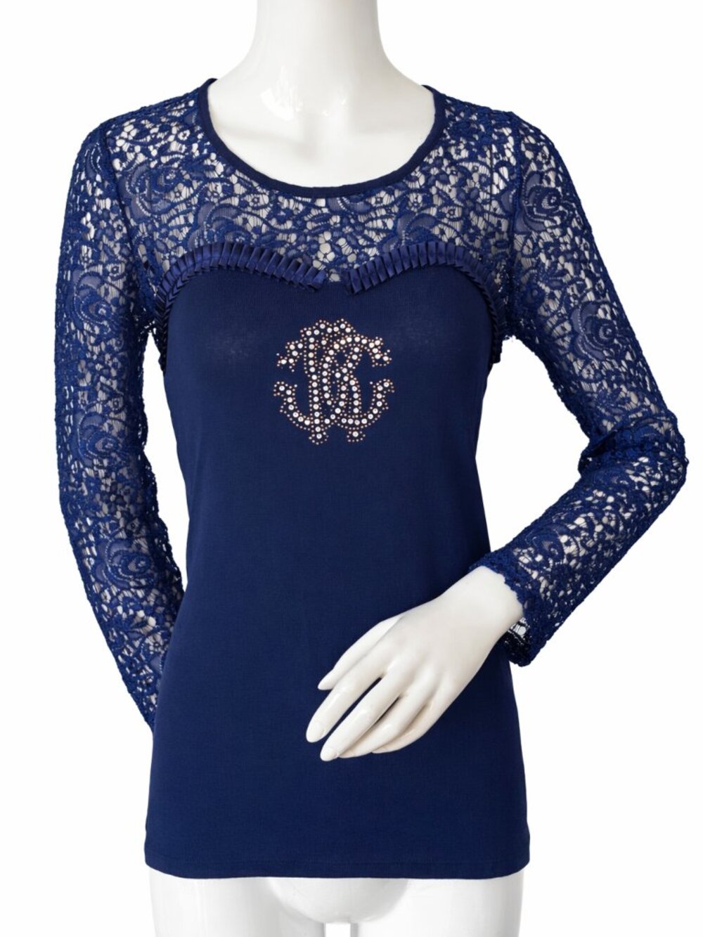Roberto Cavalli Blue Lace Crystal Logo Stretch Top Size L